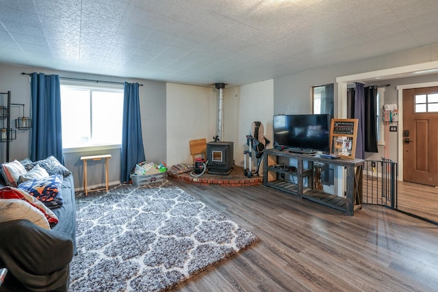 living room with a wood stove and hardwood / wood-style flooring