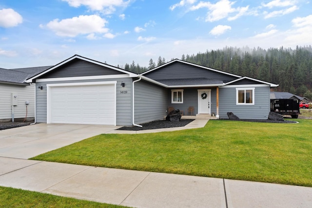 ranch-style house featuring a garage and a front lawn