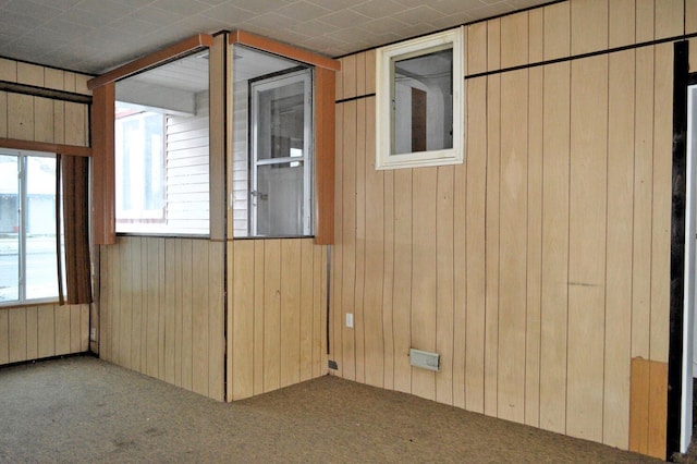 carpeted empty room with wood walls