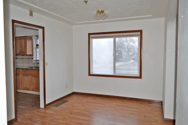 empty room featuring sink, a textured ceiling, and hardwood / wood-style floors