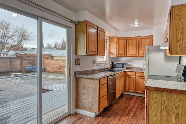 kitchen featuring stainless steel appliances, extractor fan, dark hardwood / wood-style floors, and sink