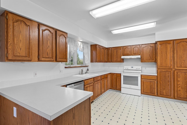 kitchen featuring stainless steel dishwasher, white electric range oven, kitchen peninsula, and sink