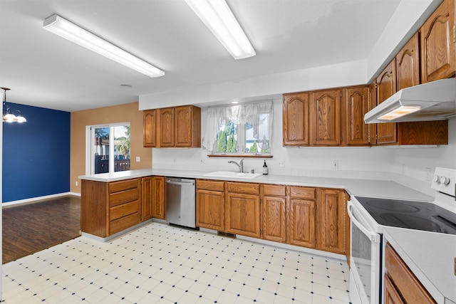 kitchen with kitchen peninsula, sink, decorative light fixtures, dishwasher, and white range with electric cooktop