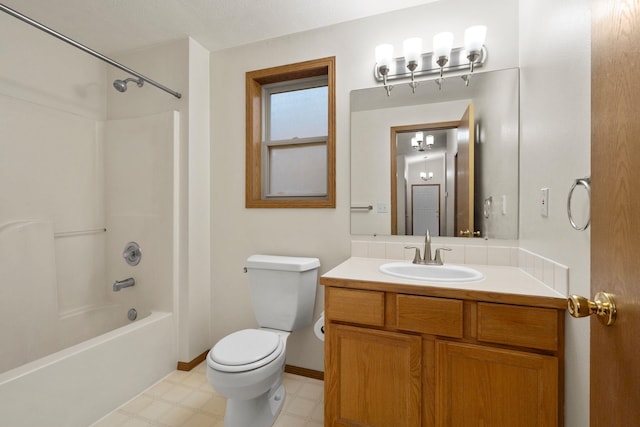 full bathroom with vanity, toilet, a textured ceiling, and bathtub / shower combination