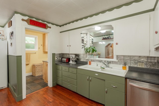 kitchen featuring white cabinets, tasteful backsplash, dark wood-type flooring, sink, and dishwasher