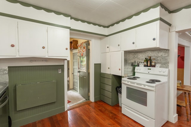 kitchen with white cabinets, dark hardwood / wood-style flooring, electric range, and tasteful backsplash