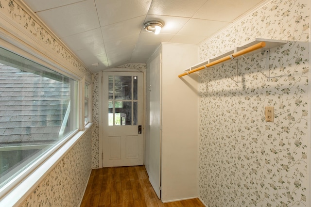 interior space featuring wood-type flooring, ornamental molding, and vaulted ceiling