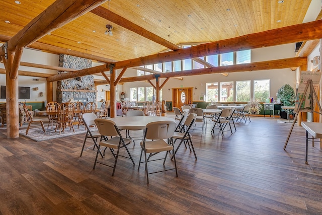 dining room featuring wooden ceiling and dark wood-type flooring