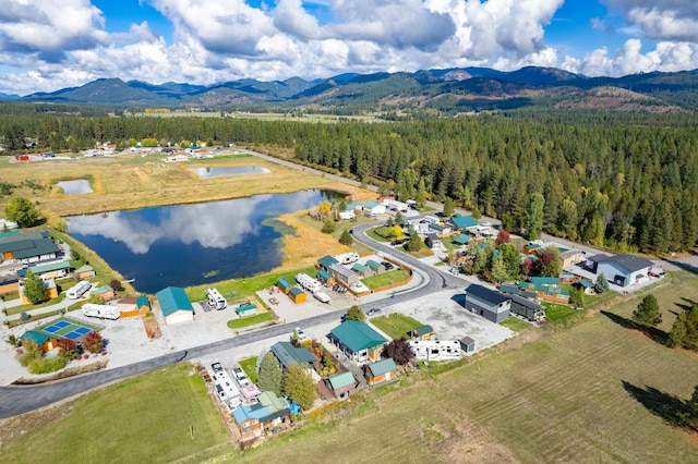 drone / aerial view with a water and mountain view