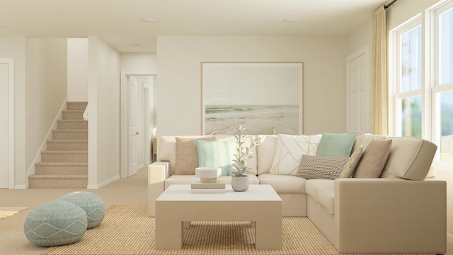 living room featuring light colored carpet