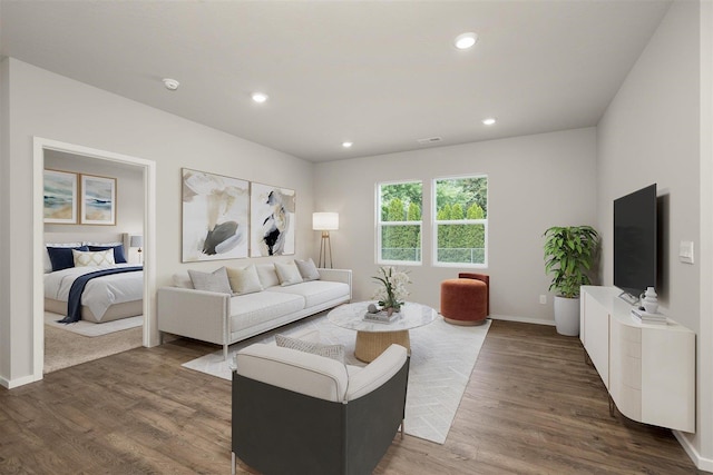 living room with dark hardwood / wood-style flooring