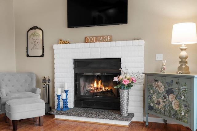 interior details with a fireplace and wood-type flooring