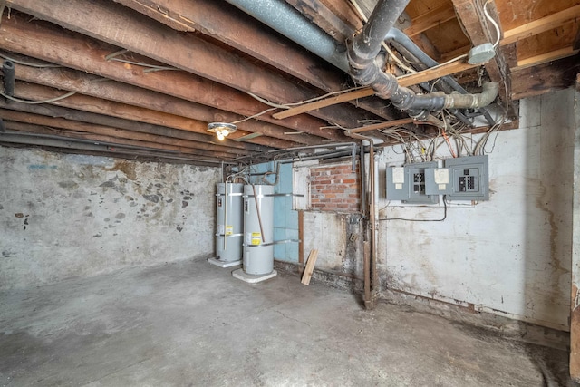 unfinished basement with secured water heater and electric panel