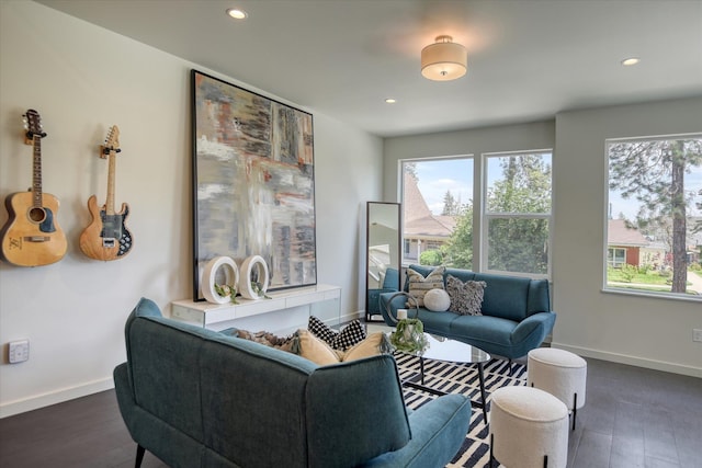 living room with a wealth of natural light and dark hardwood / wood-style floors