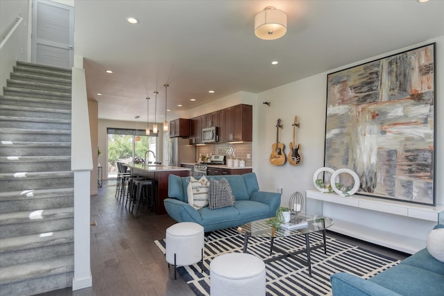 living room with dark wood-type flooring