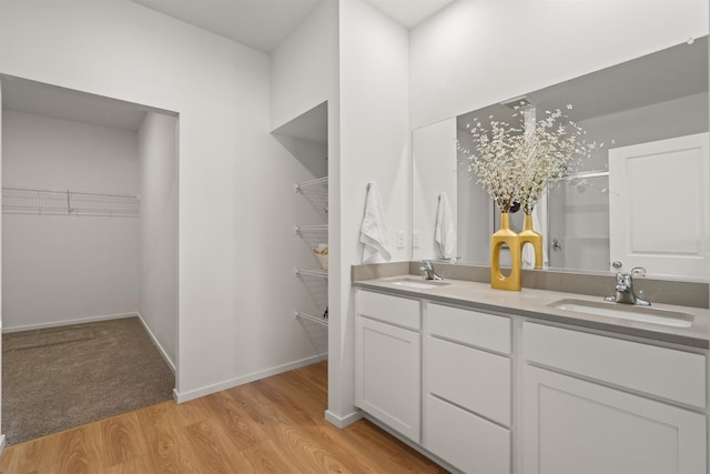 bathroom with double vanity, wood finished floors, a sink, and a walk in closet