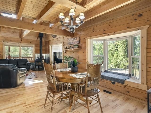 dining area featuring a wealth of natural light, light hardwood / wood-style floors, wooden ceiling, and wooden walls