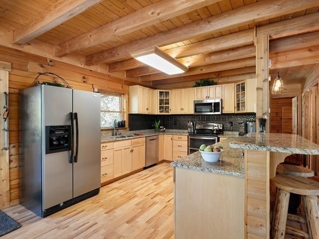 kitchen featuring sink, wooden ceiling, stainless steel appliances, kitchen peninsula, and light wood-type flooring