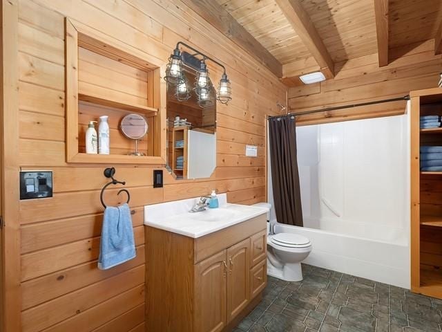 full bathroom featuring wood ceiling, vanity, beamed ceiling, toilet, and wood walls