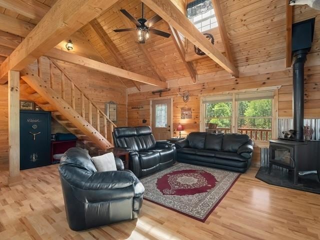 living room with beam ceiling, a wood stove, wood walls, and hardwood / wood-style floors