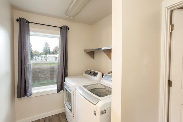 laundry room with dark hardwood / wood-style flooring and independent washer and dryer