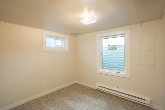 spare room featuring baseboard heating, electric panel, and carpet