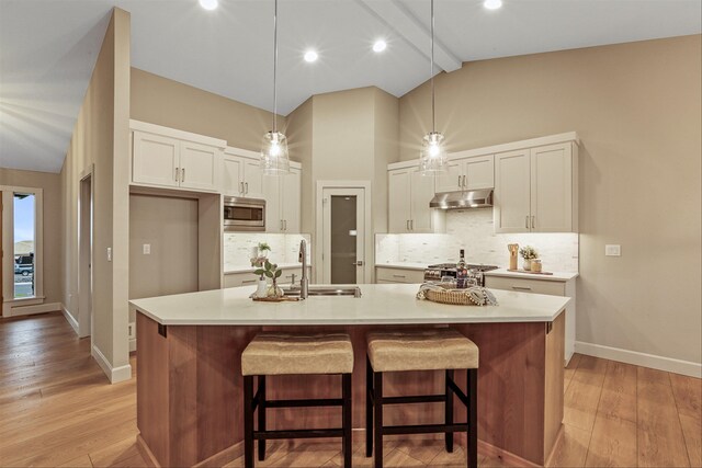 kitchen featuring sink, stainless steel appliances, a center island with sink, and light hardwood / wood-style floors