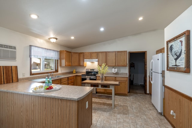 kitchen with kitchen peninsula, a wall mounted air conditioner, white refrigerator, lofted ceiling, and stainless steel electric range