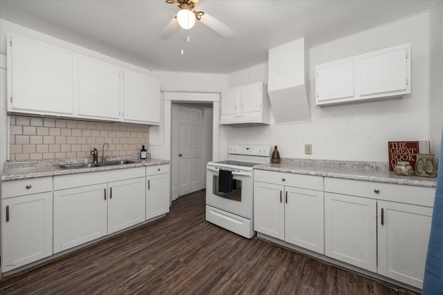 kitchen with white cabinetry, sink, ceiling fan, dark wood-type flooring, and white electric range