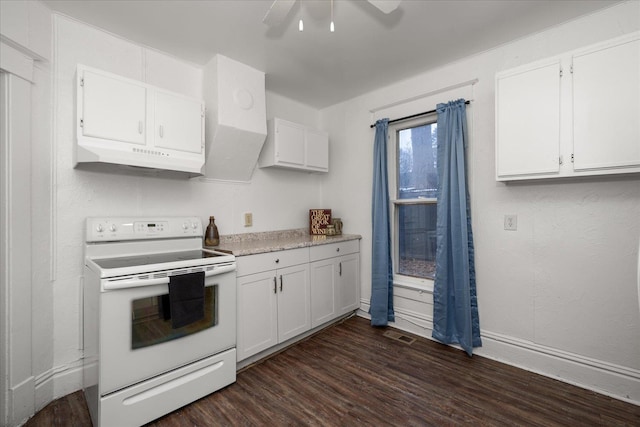 kitchen with white cabinets, dark hardwood / wood-style flooring, white electric stove, and ceiling fan