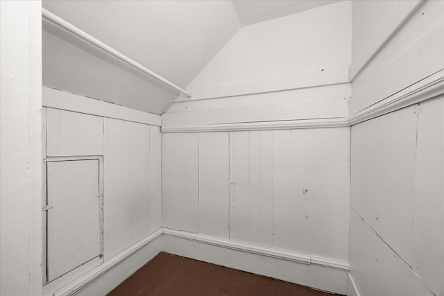 walk in closet featuring vaulted ceiling and dark wood-type flooring