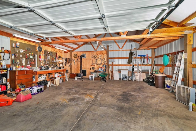 garage with a workshop area