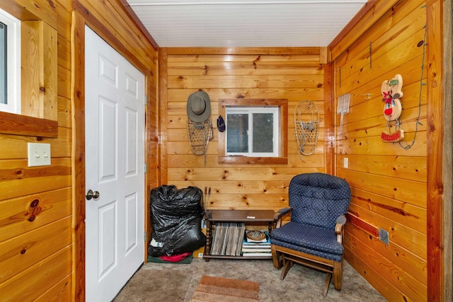 living area featuring carpet and wood walls