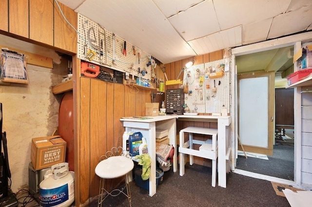 misc room featuring a workshop area and wood walls