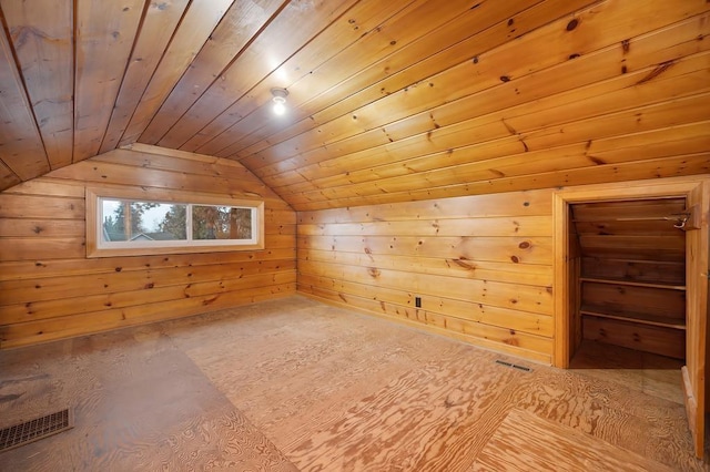 additional living space with wood ceiling, lofted ceiling, and wooden walls