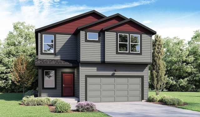 view of front of property featuring a front lawn and a garage