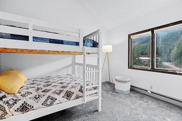 carpeted bedroom featuring a textured ceiling, vaulted ceiling, and a baseboard heating unit