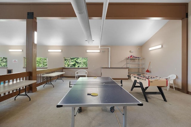 playroom featuring lofted ceiling