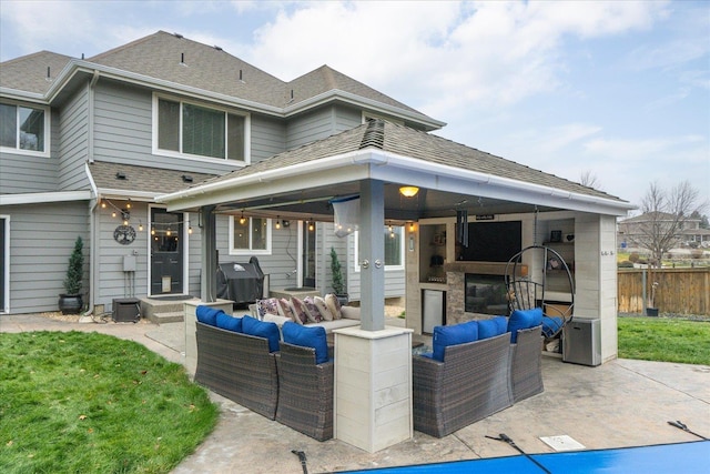 back of house with an outdoor living space, central AC, and a patio area