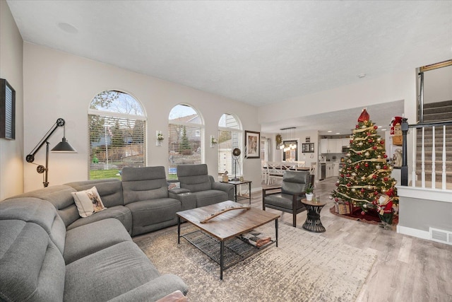 living room with a textured ceiling and light hardwood / wood-style flooring