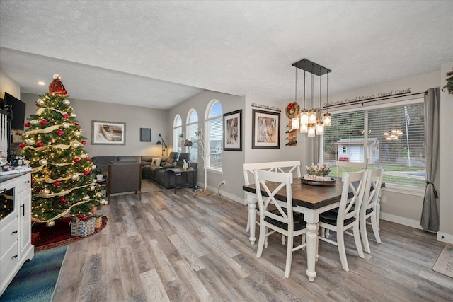 dining area featuring light hardwood / wood-style floors and a textured ceiling