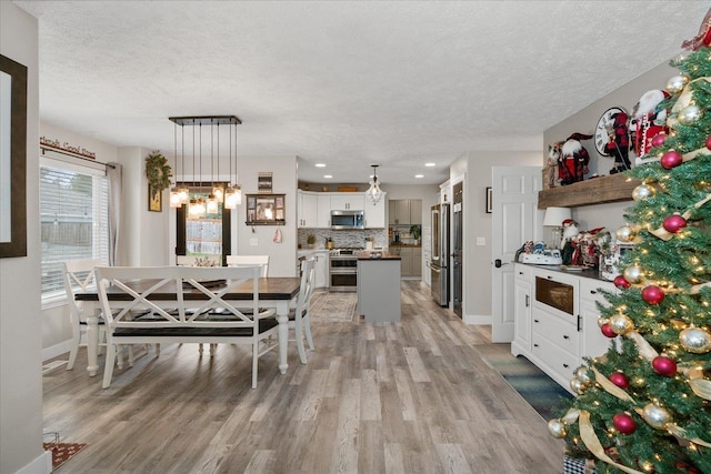 dining room featuring light hardwood / wood-style flooring and a textured ceiling