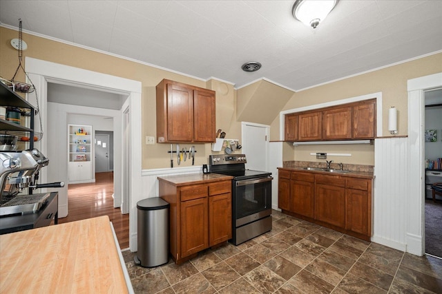 kitchen featuring crown molding, sink, and stainless steel range with electric cooktop