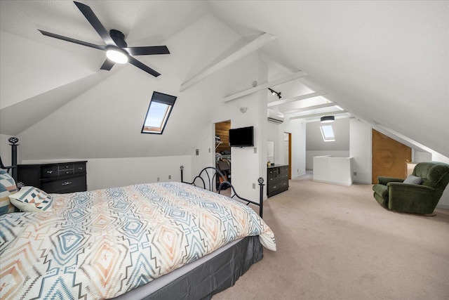 bedroom featuring carpet flooring, ceiling fan, lofted ceiling, and a wall unit AC