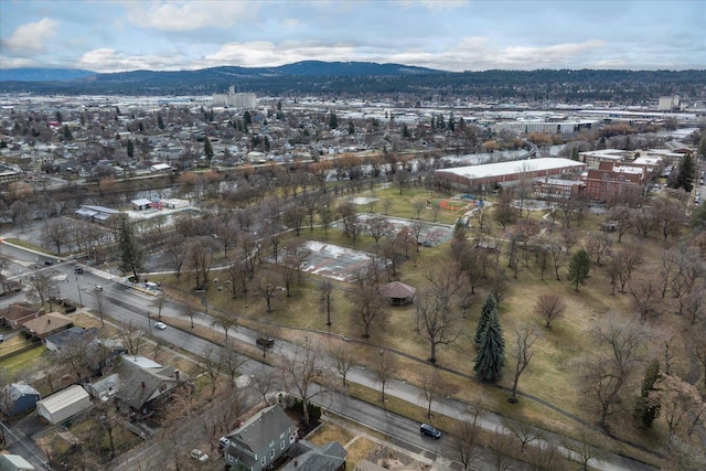 drone / aerial view featuring a mountain view