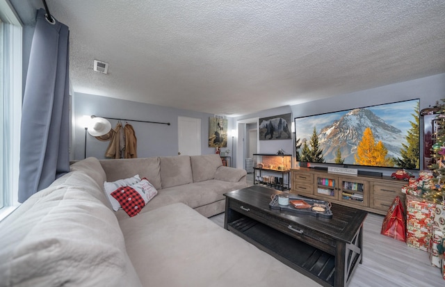 living room featuring a textured ceiling and light wood-type flooring