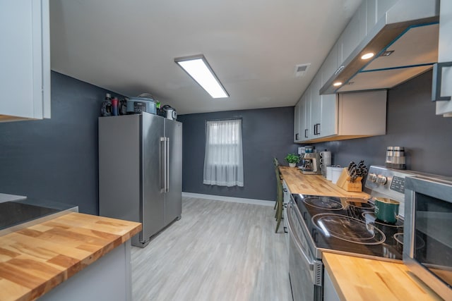 kitchen with butcher block counters, gray cabinetry, appliances with stainless steel finishes, light hardwood / wood-style floors, and wall chimney range hood