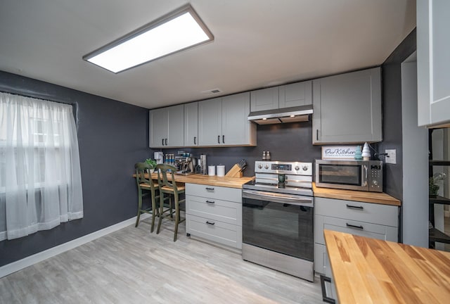 kitchen with light hardwood / wood-style flooring, ventilation hood, stainless steel appliances, and wooden counters