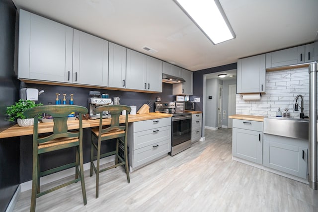 kitchen with appliances with stainless steel finishes, butcher block counters, sink, backsplash, and light wood-type flooring