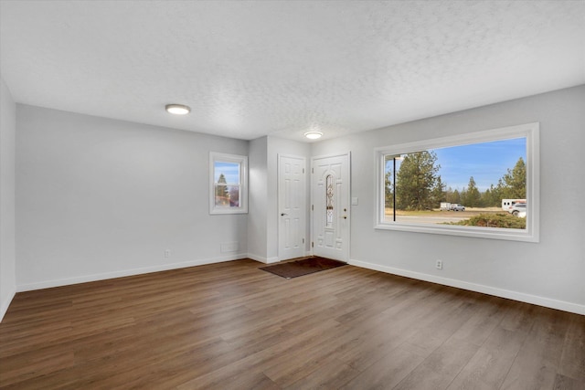 entryway featuring a healthy amount of sunlight, dark hardwood / wood-style flooring, and a textured ceiling